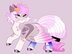 Size: 4000x3000 | Tagged: safe, artist:chromatic-sheen, imported from derpibooru, oc, oc only, oc:pandita, pegasus, pony, body markings, colored wings, facial markings, female, full body, gift art, mare, multicolored wings, one eye closed, pale belly, pegasus oc, pink background, pink mane, pink tail, raised hoof, simple background, solo, standing, tail, tail wrap, wings, wings down