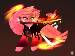 Size: 4000x3000 | Tagged: safe, artist:chromatic-sheen, imported from derpibooru, oc, oc only, oc:fast fire, pegasus, pony, abstract background, clothes, demon slayer, female, fire, katana, kimono (clothing), mare, mouth hold, pegasus oc, solo, spread wings, sword, weapon