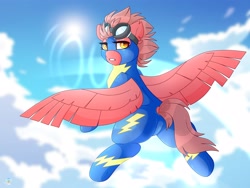 Size: 4000x3000 | Tagged: safe, artist:chromatic-sheen, imported from derpibooru, oc, oc only, oc:fast fire, pegasus, pony, butt, clothes, cloud, cloudy, day, female, flying, goggles, goggles on head, mare, outdoors, pegasus oc, plot, sky, solo, spread wings, uniform, wings, wonderbolts, wonderbolts uniform
