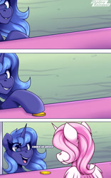 Size: 1500x2400 | Tagged: safe, artist:shadowreindeer, imported from derpibooru, princess celestia, princess luna, alicorn, pony, 3 panel comic, bit, bits, cewestia, comic, cookie, cute, dialogue, eye clipping through hair, female, filly, foal, food, horn, lunabetes, meme, open mouth, open smile, ponified meme, royal sisters, siblings, sisters, smiling, tack, wings, woona, younger