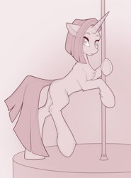 Size: 1280x1732 | Tagged: safe, artist:twotiedbows, imported from derpibooru, oc, oc only, pony, unicorn, butt, chest fluff, floppy ears, looking at you, monochrome, oc name needed, plot, pole dancing, solo, stripper pole