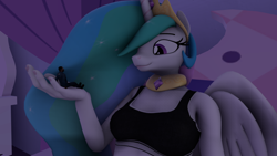 Size: 2920x1642 | Tagged: safe, artist:docteurcinematicstudio, artist:mothra72, imported from derpibooru, princess celestia, alicorn, anthro, human, 3d, breasts, clothes, crown, female, giantess, giantlestia, hand, in goliath's palm, jewelry, macro, macro/micro, micro, regalia, size difference, source filmmaker, tiny