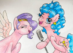 Size: 1091x795 | Tagged: safe, artist:mintytreble, imported from derpibooru, melody, pipp petals, earth pony, pegasus, pony, my little pony tales, ear piercing, earring, g1, g5, jewelry, microphone, my little pony: a new generation, piercing, singing, traditional art