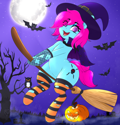 Size: 4800x5000 | Tagged: safe, artist:queenkittyok, artist:tatemil, imported from derpibooru, oc, oc only, oc:skye galaxy, bat, bird, earth pony, owl, pony, broom, cape, clothes, eye clipping through hair, female, fishnets, flying, flying broomstick, halloween, hat, holiday, jack-o-lantern, mare, moon, night, open mouth, pumpkin, socks, solo, striped socks, thigh highs, tree, witch, witch hat