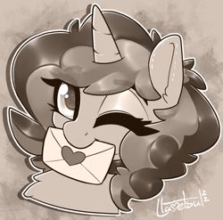 Size: 1090x1078 | Tagged: safe, artist:llametsul, imported from derpibooru, oc, oc only, oc:creme cookie, pony, unicorn, bust, chest fluff, choker, cute, eyebrows visible through hair, female, horn, letter, looking at you, mare, monochrome, mouth hold, one eye closed, solo, wink, winking at you