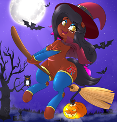 Size: 4800x5000 | Tagged: safe, alternate version, artist:queenkittyok, artist:tatemil, imported from derpibooru, oc, oc only, oc:lux, bat, bird, owl, pony, alternate character, broom, capw, clothes, eyeshadow, female, flying, flying broomstick, halloween, hat, holiday, jack-o-lantern, makeup, mare, moon, night, open mouth, pumpkin, scar, socks, solo, thigh highs, tree, witch, witch hat