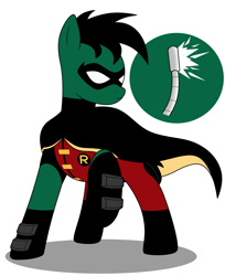 Size: 2160x2650 | Tagged: safe, artist:metal-jacket444, imported from derpibooru, earth pony, pony, batman, clothes, cutie mark, dc comics, mask, ponified, robin, simple background, solo, staff, tim drake, white background