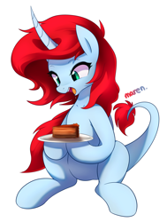 Size: 3021x3996 | Tagged: safe, artist:maren, imported from derpibooru, oc, oc only, dracony, dragon, hybrid, pony, unicorn, 2020, cake, commission, curved horn, drool, food, high res, horn, old art, open mouth, plate, simple background, sitting, solo, white background