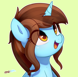 Size: 3600x3587 | Tagged: safe, artist:maren, imported from derpibooru, oc, oc only, pony, unicorn, 2020, bangs, bust, commission, eye clipping through hair, female, high res, looking up, mare, old art, open mouth, open smile, outline, simple background, sitting, smiling, solo