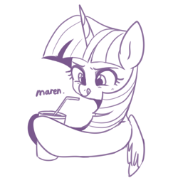 Size: 3800x3800 | Tagged: safe, artist:maren, imported from derpibooru, twilight sparkle, alicorn, pony, 2020, bust, cup, doodle, drinking straw, female, high res, hoof hold, horn, licking, licking lips, mare, monochrome, old art, solo, tongue out, twilight sparkle (alicorn), wings