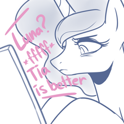 Size: 3800x3800 | Tagged: safe, artist:maren, imported from derpibooru, princess luna, alicorn, pony, 2020, bags under eyes, bust, computer, dialogue, doodle, female, high res, horn, laptop computer, luna is not amused, mare, old art, portrait, sad, solo, text, this will end in a trip to the moon, unamused