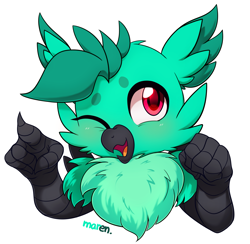 Size: 2945x2869 | Tagged: safe, artist:maren, imported from derpibooru, oc, oc only, oc:baja, griffon, 2020, bust, chest fluff, griffon oc, high res, old art, one eye closed, open mouth, pointing, simple background, solo, white background, wink