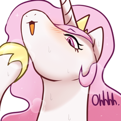 Size: 2600x2600 | Tagged: safe, artist:maren, imported from derpibooru, princess celestia, alicorn, pony, princess molestia, 2020, :3, blushing, bust, crown, high res, hoof on chin, hoof shoes, horn, jewelry, old art, open mouth, portrait, regalia, solo, sweat