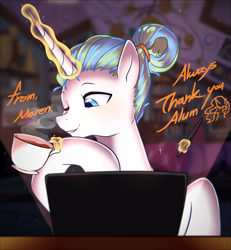 Size: 3087x3336 | Tagged: safe, artist:maren, imported from derpibooru, oc, oc only, oc:alumx, pony, unicorn, 2020, bust, cup, drawing tablet, food, hair bun, high res, horn, levitation, long horn, magic, male, old art, one eye closed, postcard, sitting, solo, stallion, tea, teacup, telekinesis, text