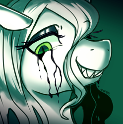 Size: 2577x2600 | Tagged: safe, artist:maren, imported from derpibooru, queen chrysalis, changeling, changeling queen, 2020, bust, crying, doodle, female, grin, high res, makeup, old art, portrait, running makeup, smiling, solo, toothy grin