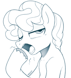 Size: 2569x2828 | Tagged: safe, artist:maren, imported from derpibooru, oc, oc only, earth pony, pony, 2020, bust, commission, high res, lidded eyes, male, monochrome, old art, one eye closed, open mouth, solo, stallion, teeth, tired, unshorn fetlocks, yawn