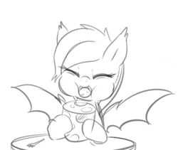 Size: 982x827 | Tagged: safe, artist:maren, imported from derpibooru, oc, oc only, oc:echo, bat pony, pony, 2013, bat wings, cheese, doodle, eating, eyes closed, fangs, female, food, mare, monochrome, old art, solo, spread wings, table, wings