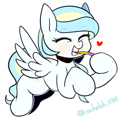 Size: 814x787 | Tagged: safe, artist:maren, imported from derpibooru, oc, oc only, oc:sky sherbet, pegasus, pony, 2015, blushing, candy, eyes closed, female, food, grin, heart, licorice, mare, old art, pixiv, simple background, smiling, solo, spread wings, white background, wings