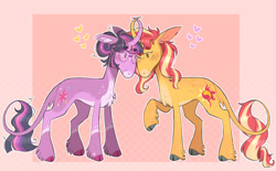 Size: 1280x793 | Tagged: safe, artist:wanderingpegasus, imported from derpibooru, sci-twi, sunset shimmer, twilight sparkle, classical unicorn, pony, unicorn, equestria girls, blushing, chest fluff, cloven hooves, cute, duo, equestria girls ponified, female, glasses, leonine tail, lesbian, looking at each other, looking at someone, markings, ponified, raised hoof, redesign, scitwishimmer, shimmerbetes, shipping, sunsetsparkle, twiabetes, unshorn fetlocks