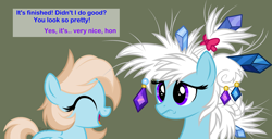 Size: 3726x1905 | Tagged: safe, artist:feather_bloom, imported from derpibooru, oc, oc:feather_bloom, oc:hazel_nut, pegasus, pony, base used, bow, duo, female, filly, foal, gem, gemstones, happy, messy mane, mother and child, mother and daughter, oblivious, simple background, upset