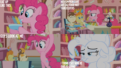 Size: 4400x2475 | Tagged: safe, edit, edited screencap, editor:quoterific, imported from derpibooru, screencap, pinkie pie, pound cake, pumpkin cake, earth pony, pegasus, pony, unicorn, baby cakes, season 2, ^^, baby, baby pony, bipedal, cake twins, colt, diaper, eyes closed, female, filly, floppy ears, flour, foal, male, mare, siblings, smiling, sugarcube corner, twins