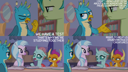 Size: 4400x2475 | Tagged: safe, edit, edited screencap, editor:quoterific, imported from derpibooru, screencap, gallus, ocellus, sandbar, silverstream, smolder, what lies beneath, book, bookshelf