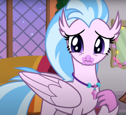 Size: 853x778 | Tagged: safe, imported from derpibooru, screencap, silverstream, classical hippogriff, hippogriff, the hearth's warming club, cropped, cute, diastreamies, jewelry, necklace, sad, sadorable, solo