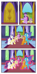 Size: 2000x3936 | Tagged: safe, artist:mlpconjoinment, imported from derpibooru, fluttershy, princess ember, rarity, smolder, spike, twilight sparkle, alicorn, dragon, pony, comic:fusion feud, argument, blast, commissioner:bigonionbean, magic, magic blast, this will not end well, twilight sparkle (alicorn)