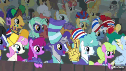 Size: 640x360 | Tagged: safe, imported from derpibooru, screencap, berry punch, berryshine, buddy, caramel, cherry cola, cherry fizzy, daisy, dark moon, derpy hooves, dusty swift, final countdown, flower wishes, graphite, high roller, junebug, lightning riff, lily, lily valley, lyra heartstrings, octavia melody, opulence, orion, pokey pierce, rainbow stars, shooting star (character), silver waves, sprout greenhoof, star bright, summit point, sunshower raindrops, team spirit, twinkleshine, wintergreen, earth pony, pegasus, pony, unicorn, common ground, season 9, spoiler:s09, animated, face paint, female, food, frying pan (g4), hat, juice, juice box, las pegasus resident, male, mare, popcorn, saturn (g4), stallion, straw, wave