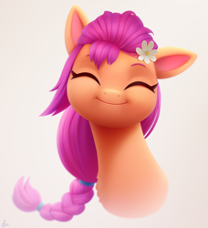 Size: 1804x1980 | Tagged: safe, artist:luminousdazzle, imported from derpibooru, sunny starscout, earth pony, pony, braid, braided ponytail, bust, cute, eyes closed, female, flower, flower in hair, g5, happy, mare, my little pony: a new generation, portrait, semi-realistic, simple background, smiling, solo, sunnybetes, weapons-grade cute