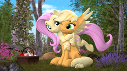 Size: 3840x2160 | Tagged: safe, artist:owlpirate, imported from derpibooru, applejack, fluttershy, earth pony, pegasus, pony, 3d, 4k, appleshy, basket, cute, female, forest, hat off, high res, hug, jackabetes, lesbian, looking at each other, looking at someone, mare, picnic basket, shipping, shyabetes, sitting, smiling, smiling at each other, source filmmaker