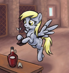 Size: 500x528 | Tagged: safe, artist:choedan-kal, imported from derpibooru, derpy hooves, insect, moth, pony, alcohol, bottle, sad, solo, wallet, wine