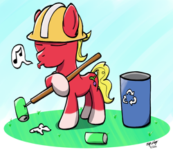 Size: 1000x880 | Tagged: safe, artist:ebbysharp, imported from derpibooru, sprout cloverleaf, earth pony, pony, can, clothes, eyes closed, g5, hard hat, hat, male, music notes, recycle bin, solo, stallion, whistling