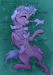 Size: 1558x2200 | Tagged: safe, artist:liechisenshi, imported from derpibooru, oc, oc only, oc:lunar signal, bat pony, bat pony unicorn, hybrid, pony, unicorn, belly, belly fluff, bellyrubs, blushing, boop, chest fluff, disembodied hand, ghost hands, hand, horn, petting, purring, slim, solo focus, thin