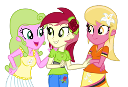 Size: 1024x698 | Tagged: safe, artist:spartan012thefk, imported from derpibooru, daisy, flower wishes, lily, lily valley, roseluck, human, equestria girls, clothes, cutie mark on clothes, equestria girls-ified, female, flower, flower in hair, flower trio, simple background, sleeveless, transparent background, trio, trio female, vector