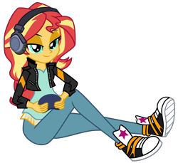 Size: 6002x5487 | Tagged: safe, artist:emeraldblast63, imported from derpibooru, sunset shimmer, human, equestria girls, game stream, spoiler:eqg series (season 2), absurd resolution, boots, clothes, controller, converse, female, game stream outfit, gamer sunset, gloves, headphones, looking at you, motorcross, shoes, simple background, smiling, smiling at you, solo, transparent background