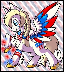 Size: 1833x2048 | Tagged: safe, imported from derpibooru, oc, oc:star spangle, pegasus, pony, armband, bow, braid, colored hooves, feathered fetlocks, fireworks, gold hooves, hooves, nation ponies, ponified, united states, wings