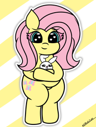 Size: 2304x3072 | Tagged: safe, artist:msbluejune, imported from derpibooru, angel bunny, fluttershy, pegasus, pony, rabbit, animal, bipedal, chibi, chubby, colored, cute, duo, female, hug, mare, signature, thighs