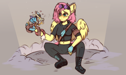 Size: 2400x1440 | Tagged: safe, artist:freak-side, imported from derpibooru, discord, fluttershy, anthro, draconequus, pegasus, plantigrade anthro, alternate hairstyle, alternate universe, boots, clothes, costume, dangerous mission outfit, duo, fingerless gloves, gloves, goggles, goggles on head, heart, hoodie, implied discoshy, implied shipping, implied straight, jacket, looking at each other, looking at someone, midriff, shoes, short mane, sitting