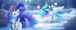 Size: 2963x1200 | Tagged: safe, artist:alissa1010, imported from twibooru, princess celestia, princess luna, alicorn, annoyed, blue coat, bush, carrot, coal, cutie mark, day, devious smile, duo, duo female, ethereal mane, ethereal tail, eyeshadow, female, food, green eyes, hoofprints, image, looking at each other, magic, makeup, multicolored mane, multicolored tail, one eye closed, outdoors, playful, png, purple eyes, signature, snow, snowball, snowball fight, snowman, spread wings, standing on two hooves, stick, telekinesis, tree, white coat, wings, winter