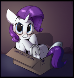 Size: 2100x2200 | Tagged: safe, artist:lux-arume, imported from twibooru, pony, unicorn, art pack:foaling around, banned from ponybooru, blushing, box, cardboard box, cute, female, filly, frog (hoof), image, paywalled source, png, pony in a box, solo, underhoof, younger