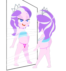 Size: 1011x1080 | Tagged: safe, artist:happy harvey, imported from derpibooru, diamond tiara, equestria girls, bikini, bikini bottom, bikini top, chibi, clothes, drawn on phone, followup, front view, jewelry, lidded eyes, looking at self, mirror, pose, rear view, smiling, swimsuit, tiara