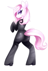 Size: 2020x2968 | Tagged: safe, artist:scarlet-spectrum, imported from twibooru, fleur-de-lis, pony, unicorn, bipedal, boots, butt, catsuit, clothes, eyeshadow, female, high heel boots, image, latex, latex suit, looking at you, looking back, looking back at you, makeup, mare, plot, png, rear view, shoes, simple background, smiling, solo, stupid sexy fleur-de-lis, transparent background