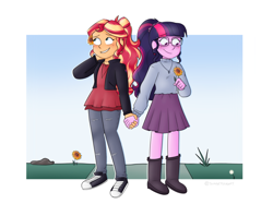 Size: 1280x959 | Tagged: safe, artist:sunsetslight, imported from derpibooru, sci-twi, sunset shimmer, twilight sparkle, human, equestria girls, alternate clothes, alternate hairstyle, blushing, converse, female, flower, flower in hair, hair ornament, holding hands, lesbian, scitwishimmer, shipping, shoes, sunflower, sunsetsparkle