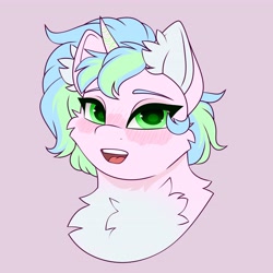 Size: 4096x4096 | Tagged: safe, artist:chromatic-sheen, imported from derpibooru, oc, oc only, oc:sweet cream, unicorn, bust, cheek fluff, chest fluff, commission, horn, looking at you, neck fluff, open mouth, simple background, solo, unicorn oc