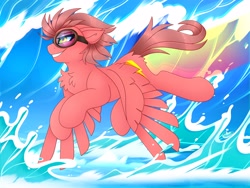 Size: 4000x3000 | Tagged: safe, artist:chromatic-sheen, imported from derpibooru, oc, oc only, oc:fast fire, pegasus, pony, day, female, flying, goggles, mare, pegasus oc, solo, spread wings, water, wave, wings