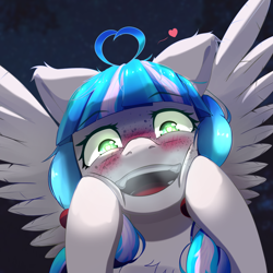 Size: 1800x1800 | Tagged: safe, artist:nihithebrony, imported from derpibooru, oc, oc only, oc:sugar stamp, pegasus, pony, blue hair, blushing, breathing, cheek squish, crazy face, elements of justice, faic, female, freckles, glowing, glowing eyes, green eyes, happy, heart, heart eyes, in love, insanity, mailpony, mare, night, outdoors, pegasus oc, pigtails, smiling, solo, spread wings, squishy cheeks, turnabout storm, twintails, wingding eyes, wings, yandere