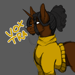 Size: 1000x1000 | Tagged: safe, artist:voxtra, imported from derpibooru, oc, pony, unicorn, brown, clothes, dreadlocks, glasses, locs, missing cutie mark, no cutie marks yet, no gender, persona, smiling, solo, sweater, yellow clothing