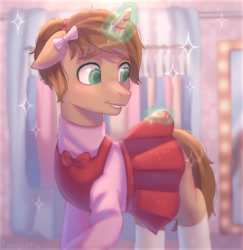 Size: 1246x1280 | Tagged: safe, artist:furryushka, imported from derpibooru, oc, oc only, oc:heroic armour, pony, unicorn, blushing, clothes, colt, commission, crossdressing, dress, floppy ears, foal, looking back, magic, male, ponytail, ribbon, smiling, socks, solo, sweater, teenager