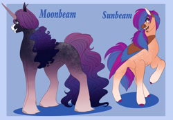 Size: 2048x1419 | Tagged: safe, artist:inisealga, imported from derpibooru, oc, oc only, oc:moonbeam, oc:sunbeam, earth pony, unicorn, coat markings, duo, earth pony oc, female, horn, magical lesbian spawn, male, mare, multicolored hair, multicolored mane, offspring, parent:izzy moonbow, parent:sunny starscout, parents:izzyscout, siblings, socks (coat markings), stallion, unicorn oc